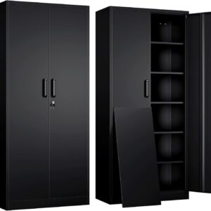 Yizosh Metal Garage Storage Cabinet with 2 Doors and 5 Adjustable Shelves - 71" Steel Lockable File Cabinet,Locking Tool Cabinets for Office,Home,Garage,Gym,School (Black)