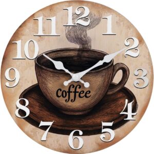 Kitchen Wall Clock 8" Battery Operated, Rustic Farmhouse Coffee Design